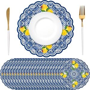 100 Pack Capri Lemon Scalloped Edge Placemats Disposable Plates Thick & Durable